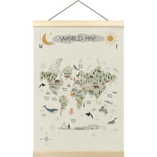 Tzhim Animal World Map Poster Hanger Frame, World Map for Kids, Educational Wall Hanging Decor for Nursey Playroom Classroom Home school Kids Room, Nature Wall Art Prints with Wood Frames, 12x16in