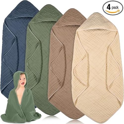 Peryiter 4 Pcs Muslin Hooded Baby Towels 32 x 32 Inch Cotton Newborn Bath Essentials Muslin Infant Blankets Absorbent Registry Gifts for Girl Boy Kids Baby Shower (Green)