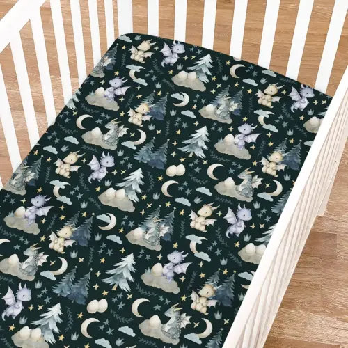 Fairytale Dragons Fitted Baby Crib Sheet for Girl Boy 52"x28" Cute Dragons Eggs Moon Stars Trees Crib Mattress Covers Soft Breathable Dreamy Animal Baby Sheet for Standard Crib & Toddler Bed Mattress