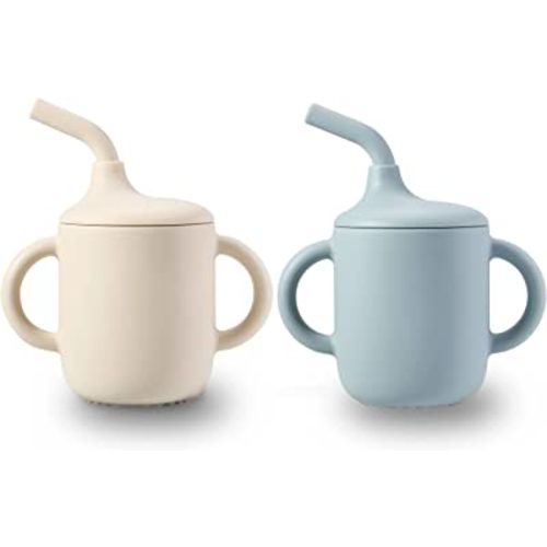 PandaEar 2 Pack 100% Tiny Silicone Drinking Training Cup with Handles & Straw for Baby and Toddler -Blue/Grey