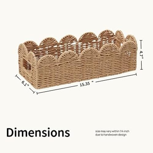 Scalloped Edge Toilet Tank Tray Basket, Khaki Paper Rope Wicker Storage Bin for Bathroom Countertop & Shelves, Decorative Toilet Paper Storage Basket for Over Toilet Shelf, Home Organization