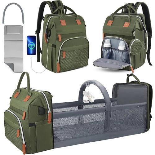 Diaper Bag Backpack for New Parents, Large Capacity Baby Travel Bag with Bottle Holders, Multiple Compartments (Green)