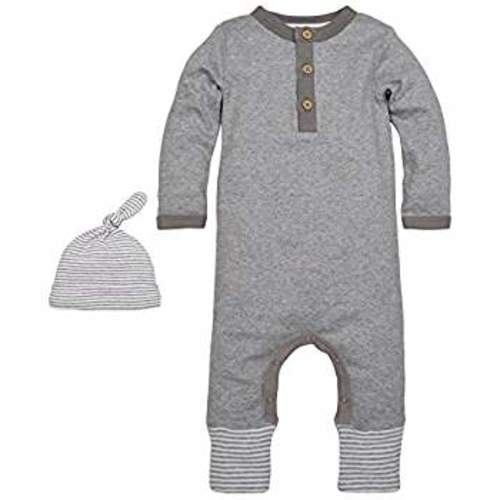 Baby Footed Coverall and Hat Set - 3-6 Months - Heather Grey Henley Coverall & Hat Set