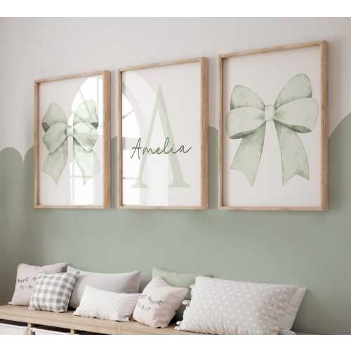 Sage Green Coquette Nursery Bow Wall Art, Green Coquette Wall Art Prints, Sage Green Nursery Art, Set of 3, Green Girl Nursery Decor 422S