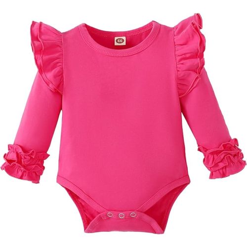 Baby Girls Ruffle Long Sleeve Bodysuit Infant Girl One Piece Romper Toddler Girl Solid Color Jumpsuit