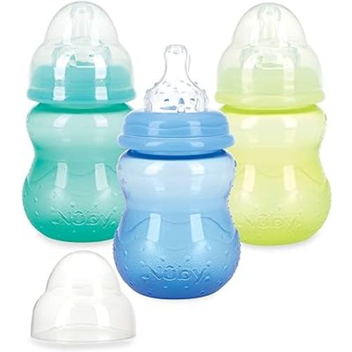 Nuby Wide Neck Non-Drip Bottle - Baby Bottles with Anti-Colic Vari-Flo Valve - (3-Pack) 8 oz - 0+ Months - Yellow, Blue, Green