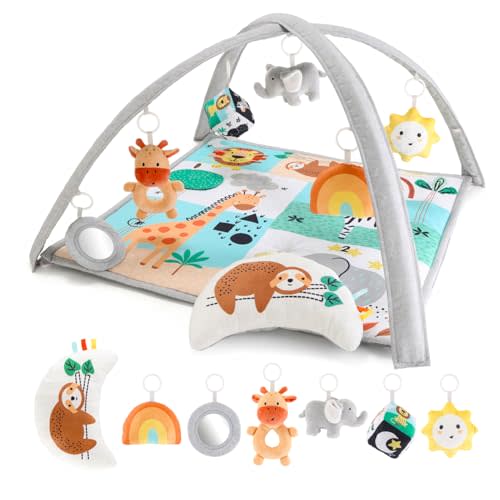 The Peanutshell Unisex Baby Play Gym & 7-in-1 Play Mat - Playmat Baby Toys 0-6, 6-12 Months Tummy Time Mat with Hanging Toys, Soft Padded for Newborns, Infants - Safari