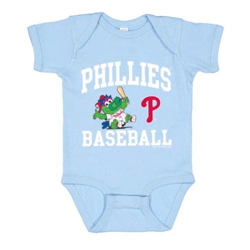 Philadelphia Phillies Phillie Phanatic Baby Arched Wordmark LIGHT BLUE One Piece - 171731329