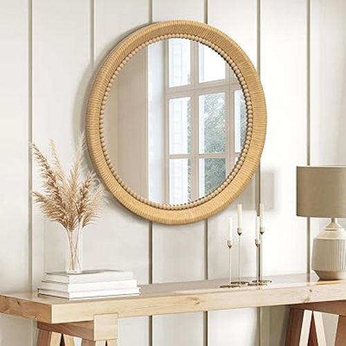 Round Beaded Rattan Mirror: 24 in Handmade Rustic Farmhouse Bamboo Wall Mirror - Wood Frame Boho Wicker Mirror for Home Decor/Farm/Living Room/Bedroom