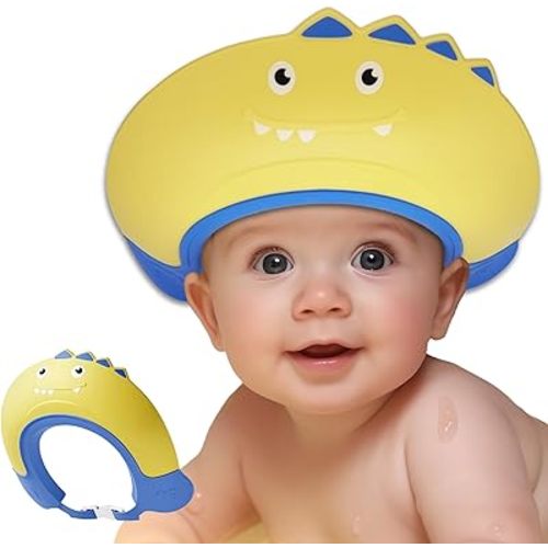 Baby Shower Cap Shield, Shower Cap for Kids, Visor Hat for Eye and Ear Protection for 0-9 Years Old Children,Cute Dinosaur shape Makes the Baby Bath More Fun (Yellow)