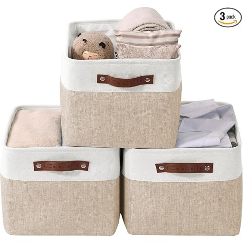 DECOMOMO Storage Bins, Large Fabric Storage Baskets for Shelves 3 Pack | 15 x 11 x 9.5 inches Decorative Linen Closet Organizers with Handles(Beige and White)