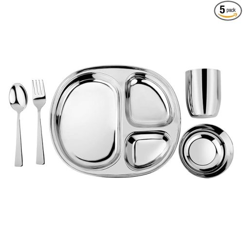 Ahimsa Stainless Steel Kids Dinnerware Set, Pediatrician Designed, 5 Piece Toddler Plates and Bowls Set, Stainless Steel Divided Plate, Cup and Kids Utensils