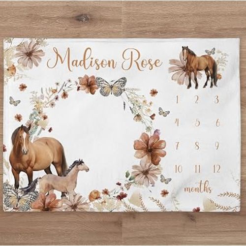 Horse Baby Blanket Personalized Baby Girl Month Blanket Floral Nursery Custom Age Newborn Calendar Tracker Flower New Mom Baby Gift HHQ63_BLKBB029_7