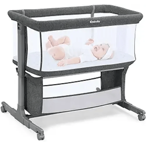 Ezebaby Bedside Bassinet for Baby, Portable Baby Bassinet Bedside Sleeper for Newborn Infants with Wheels Storage Basket, Adjustable 7 Heights and All Mesh Sides