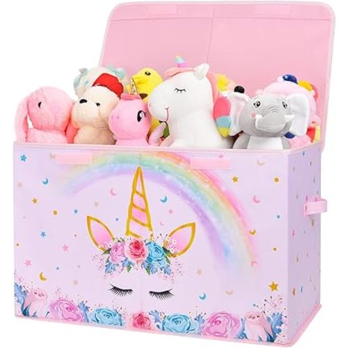 WERNNSAI Unicorn Toy Box - Collapsible Oxford Storage Bin with Handles 25" x 13" x 16" Toys Clothes Books Chest Organizer Cube with Flip-top Lid for Girls Kids Bedroom Nursery Living Room