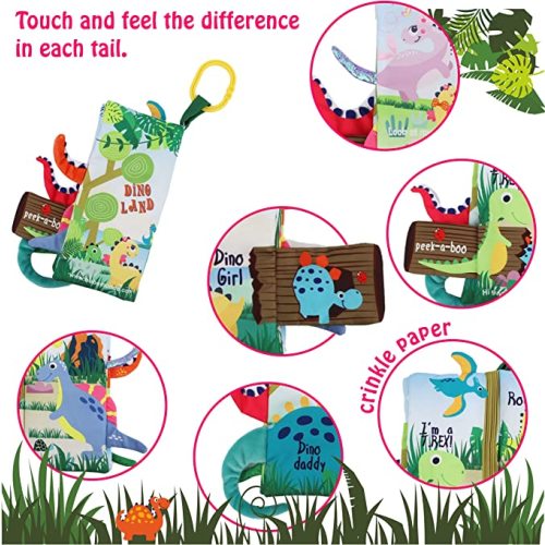 Dinosaur Toys Crinkle Baby Books Soft Cloth Books for Babies Infants Toddler Toys, Early Development Interactive Car & Stroller Soft Toy Baby Gifts for Baby Girl Boy Touch and Feel Tails Baby Book - Dino Tails