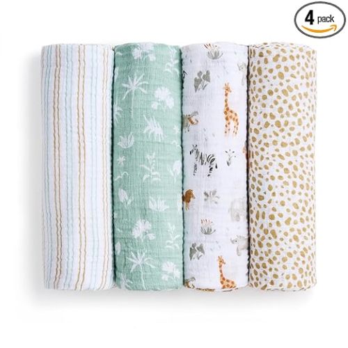 aden + anais Essentials Cotton Muslin Swaddle, Breathable Baby Blanket, Ideal for Boys, Girls, Newborns, Babies & Infants, Receiving Blanket, Soft and Lightweight Wrap, 4 Pack, Giraffe Safari