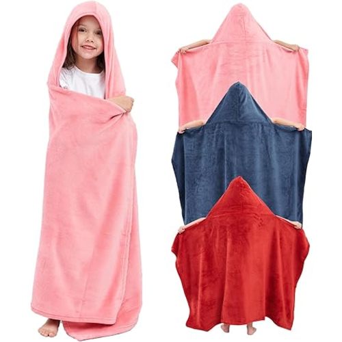 Hiturbo 3Pcs Kids Fleece Hooded Towel: Soft Plush Warm Blanket - 50"x30" Pool Beach Bath Swim Towel Wrap for 3-12 Yrs (Navy+Pink+Red)