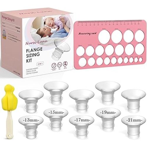 Flange Sizing Kit 3 in 1 Ultimate with 10PCS Flange Inserts 13/15/17/19/21mm, Nipple Ruler, Cleaning Brush, Silicone Flange Insert Kit for 24mm Most Pumps, Pumping Breastfeeding Essentials