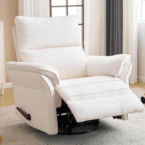 Rhevoy Oversized Recliner Chair, 24" Extra Wide 360° Swivel Rocker Recliner with Adjustable Headrest, Chenille Glider Rocking Nursery Chair with Overstuffed Armrest, Lumbar Support, White