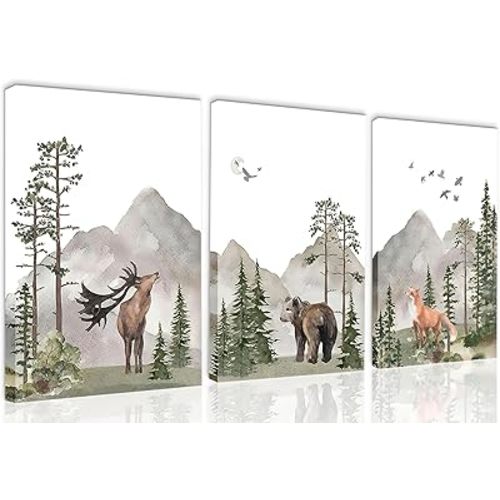 Yaneiro Woodland Nursery Canvas Wall Art Set of 3, Wild Animals Forest Adventure Theme Posters Prints, Deer Bear Fox Watercolor Paintings Wall Decor for Boys and Girls Room 16X24in Framed