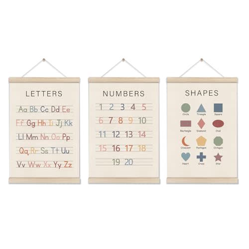 Set of 3 Alphabet Numbers Poster Hanger Frame, Preschool Learning Posters, Educational Canvas Wall Art, Montessori Nursery Wall, Toddler Room Decor for Boys Girls 16x12 Inch, Boho Classroom Decor