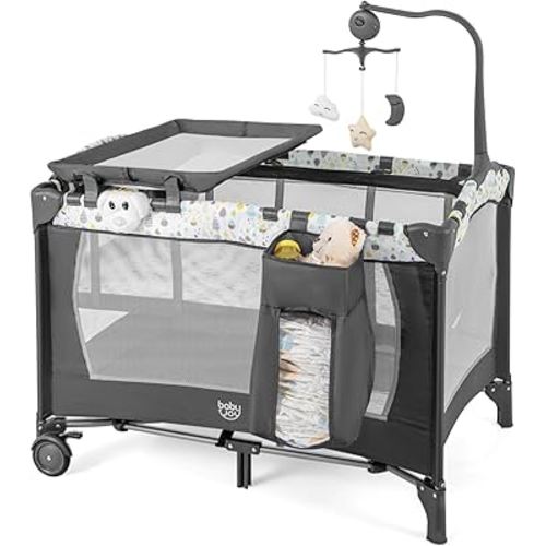 BABY JOY 3 in 1 Pack and Play, Portable Baby Playard with Bassinet, Changing Table, Lockable Wheels, Glowing Music Box, Travel Baby Crib Bassinet Bed from Newborn to Toddler