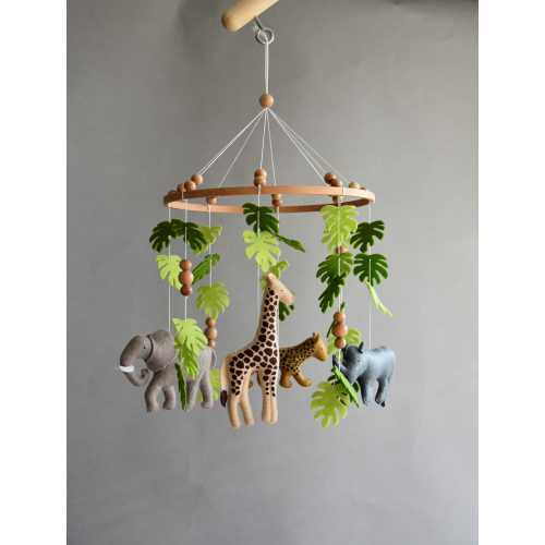 Safari Baby Mobile with Green Monstera Leaves, Jungle Nursery Decor, Handmade Neutral Crib Cot Mobiles for Baby Room, African Animals gift