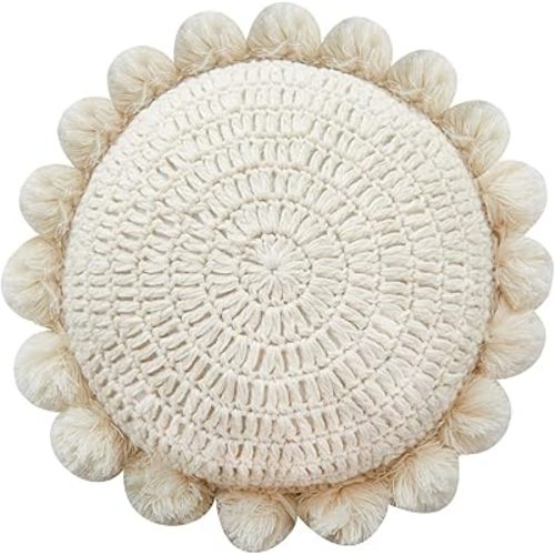 Boho Round Throw Pillow with Cute Handmade Pom Poms Tassels 18 Inch, Decorative Circular Knitted Crochet Cushion for Couch, Sofa, Chair, Bed, Beige