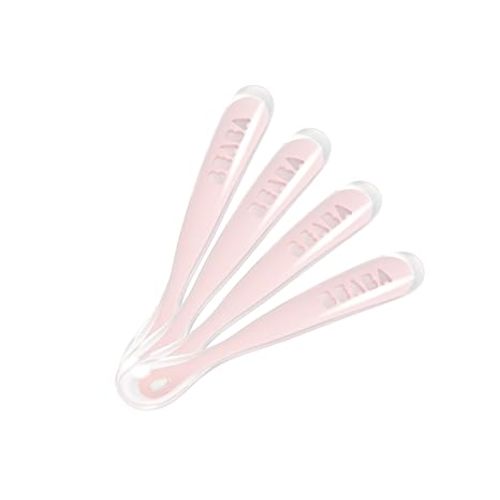 BEABA Baby's First Foods Spoon Set, Original Silicone Baby Spoons, 4 Pack, BPA Lead & Phthalate Free, Pink