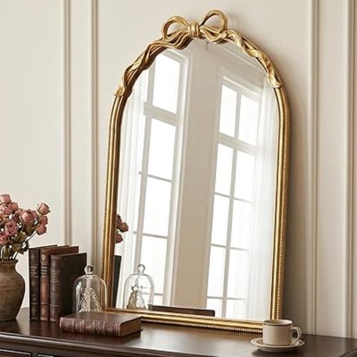 Arch Mirror with Bow, 34x22 Inch Black Metal Wall Mirror, Decorative Iron Bow Detail, Vintage Elegant Mirror for Entryway, Living Room, Bedroom, Hallway