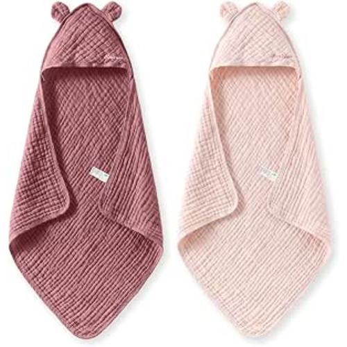 Momcozy Baby Towels, 6-Layer 100% Cotton Muslin Hooded Baby Towel Set for Newborn, Infant & Toddler, Soft Absorbent Baby Bath Essentials, Large 32 x 32 Inch