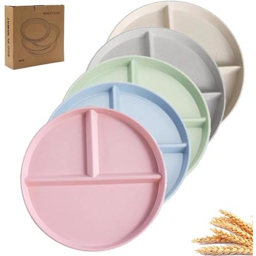9" Unbreakable Divided Plates Set of 5, Wheat Straw Plate Reusable Dinnerware Portion Control Plates, Round Bariatric Plastic Plate for Kids Adults, BPA-free, Dishwasher Safe