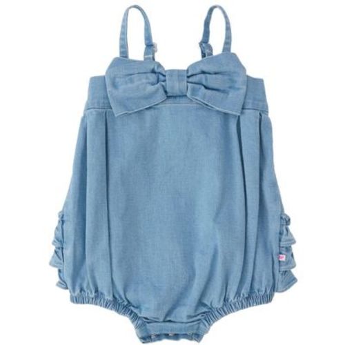 RuffleButts Baby Girls Stretch Denim Bow Front Bubble Woven Romper - Light Wash, 6-12m