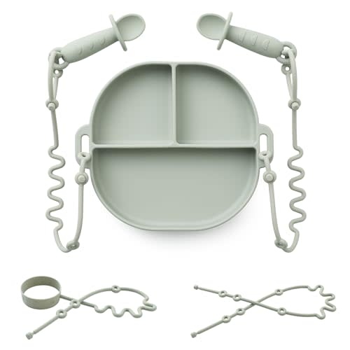 Andy Bear Silicone Plates for Babies with Suction Divided Baby Spoons Silicone Baby Toy Straps All-in-one Plates Silicone Placemat for Babies Toddlers Attachable Tethers & Built-in Suction Cups-Sage