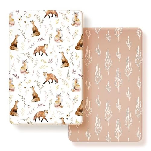 GRSSDER Stretchy Ultra Soft Jersey Knit Fitted Pack n Play Sheets Set 2 Pack, Universal Fit Portable/Mini Crib, Playards Mattress Pads Safe and Snug, Pretty Fox for Baby Girls