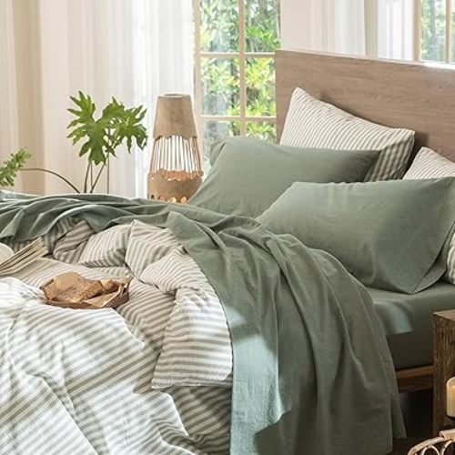 MooMee Bedding Sheet Set 100% Washed Cotton Linen Like Textured Breathable Durable Soft Comfy (Heathered Green, Queen)