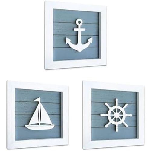 ARTZIO Ocean Beach Themed Room Wall Decor, Coastal Framed Wall Art Set(Framed Set of 3) with 3D Ship Wheel, Lighthouse, and Anchor for Beach and Nautical Interiors