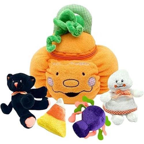 Genius Babies My First Halloween Baby Toys Playset - Soft 5ct Baby Halloween Toys Stuffed Pumpkin Plushie Black Cat Spider Ghost Candy Corn Sensory Gifts for Infants, Toddlers, Girls, Boys