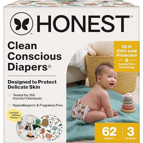 The Honest Company Comfort Dry Disposable Daytime Diapers for Sensitive Skin, Hypoallergenic, Fragrance-Free, Fall '25 Seasonal Prints, Club Box, Size 3 (16-28 lbs), 62 Count