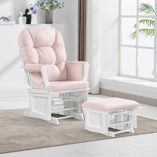 Lennox Furniture Glider Rocker with Ottoman, Smooth Gliding upholstered Chair Comfy with Side Pockets White Pink Aiden