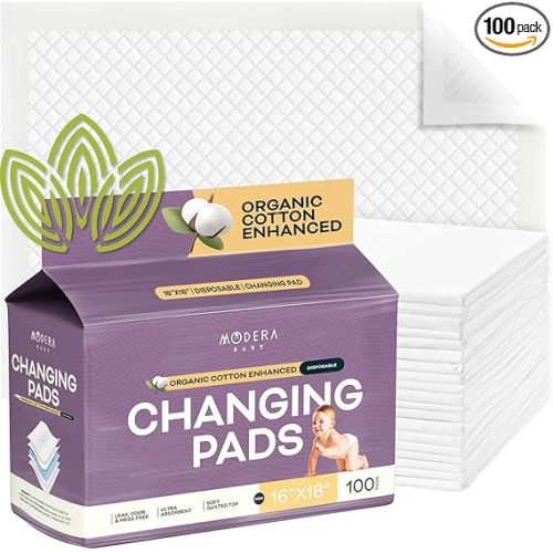 Organic Cotton Enhanced Disposable Changing Pad Liners | 16x18 Hypoallergenic Super Soft Ultra Absorbent Waterproof Quilted Underpads for Baby Diaper Table & Travel, Leak Proof, Mess Free (100 Pack)