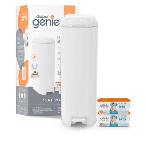 Diaper Genie Platinum Pail Gift Set, Lily White, Made of Durable Stainless Steel and Includes 2 Easy Roll Refills with 18 Bags and 30 Bags