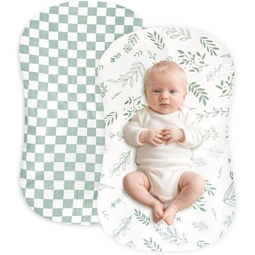 Hooyax Muslin Baby Lounger Cover 2 Pack - 100% Breathable Cotton Soft Infant Lounger Covers, Fits Most Standard Newborn Loungers & Pillows (Green Checker+Leaf)