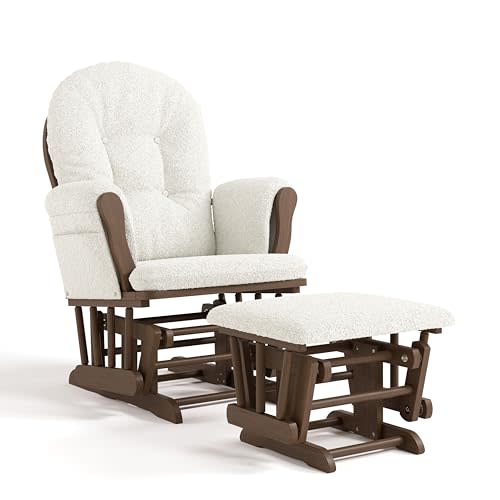 Storkcraft Premium Hoop Glider & Ottoman - GREENGUARD Gold Certified, Solid Wood Craftsmanship, Convenient Storage Pockets, Nursery Rocking Chair, Multi-Award-Winning (Hazelnut and Ivory Boucle)