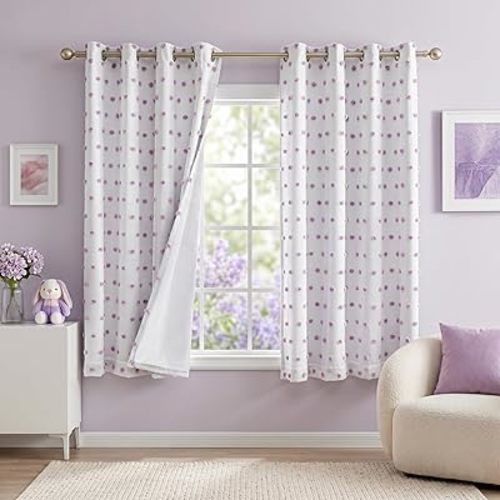 MEETSKY 100% Blackout Curtains for Girls Bedroom 63 Inch Length 2 Panels,Full Light Blocking Purple Pom Pom Curtains for Kids Room,Room Darkening Kitchen Window 2 Layered Drapes 52W x 63L