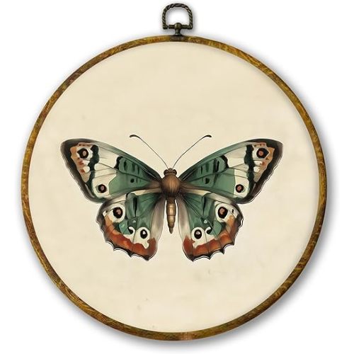 Mcehtle Vintage Butterfly Wall Art Decor, Moody Moth Cottagecore Framed Canvas Prints 10x10, Boho Sage Green Academia Insect Round Wall Hanging Artwork Decorations for Gallery Bedroom Living Room