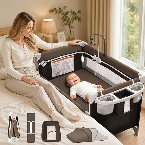 5-in-1 Baby Bassinet Bedside Sleeper, Foldable Pack and Play,One-Push Bedside Crib with Playard, Includes Mattress, Changing Table, Mosquito Net, Music Toy & Storage for Newborn to Toddler (Brown)