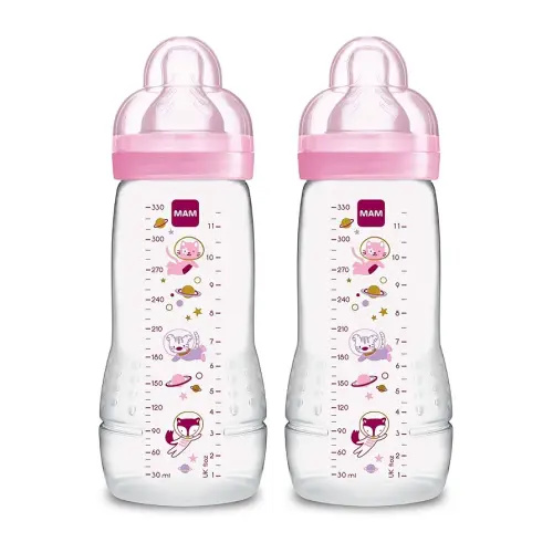 MAM Easy Active Baby Bottles 11oz, Fast Flow Skinsoft Silicone Nipple with Wide Neck Ergonomic Design, Easy to Hold, BPA-Free, Bottles with Leak-Proof Caps for 4+ Months Baby
