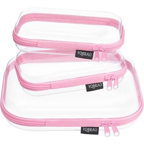 YQBRAO 3-Pack Clear Hard Shell Zipper Case Pink, 1.2mm Heavy-Duty Crush-Proof Travel Makeup Bag, TSA Approved Clear Zipper Pouches, Rigid Toiletry & Diaper Bag Organizer for Tech, Toys & Art Supplies